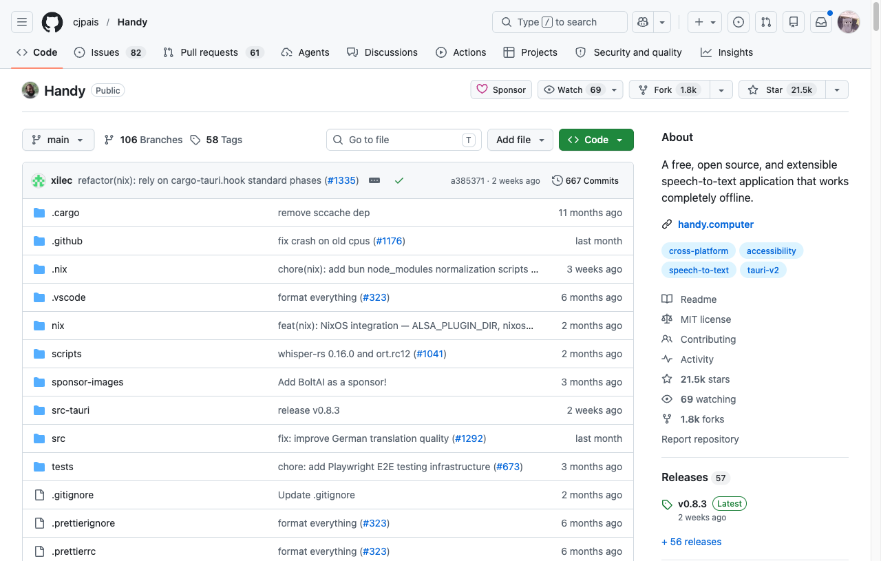Репозиторий cjpais/Handy на GitHub: 21.5k звёзд, 1.8k форков, MIT-лицензия, активный roadmap. Один solo-разработчик за всем проектом.