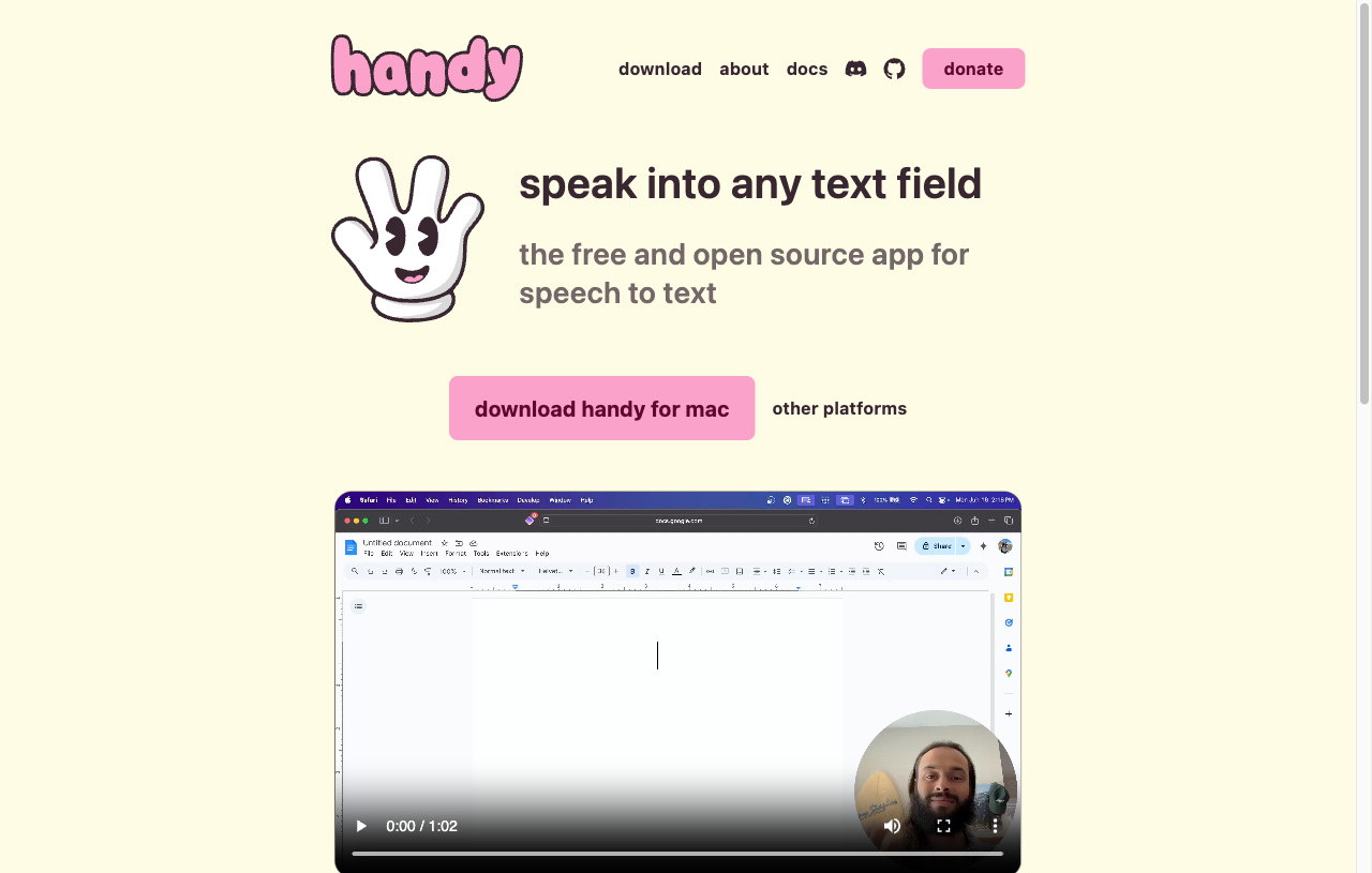 Лендинг handy.computer: формулировка «Speak into any text field» и слоган «accessibility tooling belongs in everyone's hands, not behind a paywall» задают весь продуктовый тон.